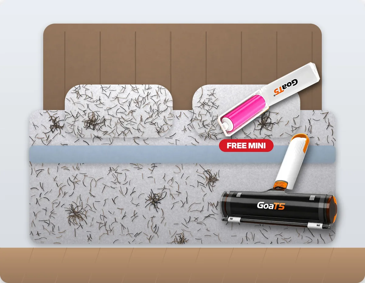 Illustration of GoaT5 on a duvet and the mini roller on a pillow
