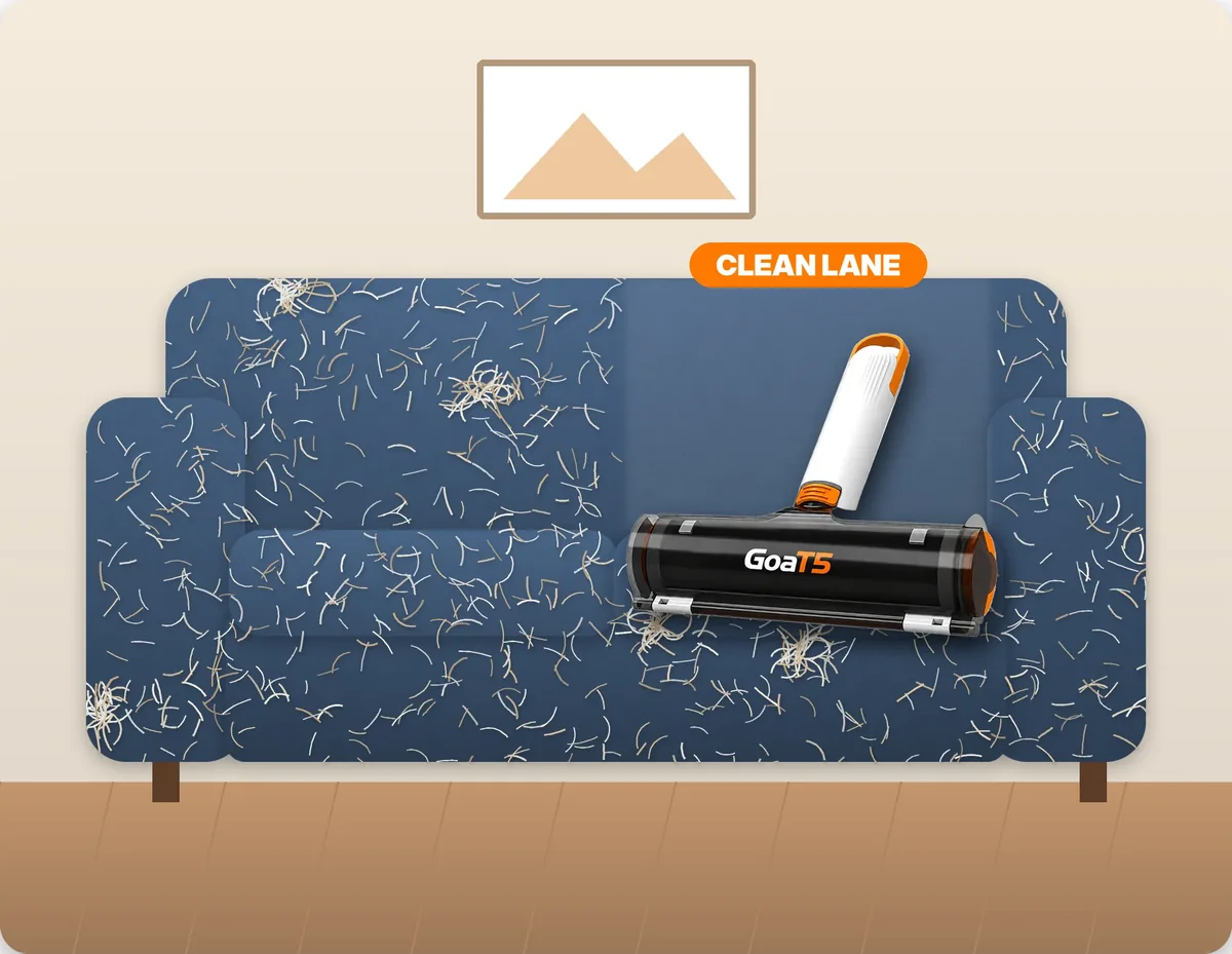 Illustration of GoaT5 cleaning pet hair off a blue sofa